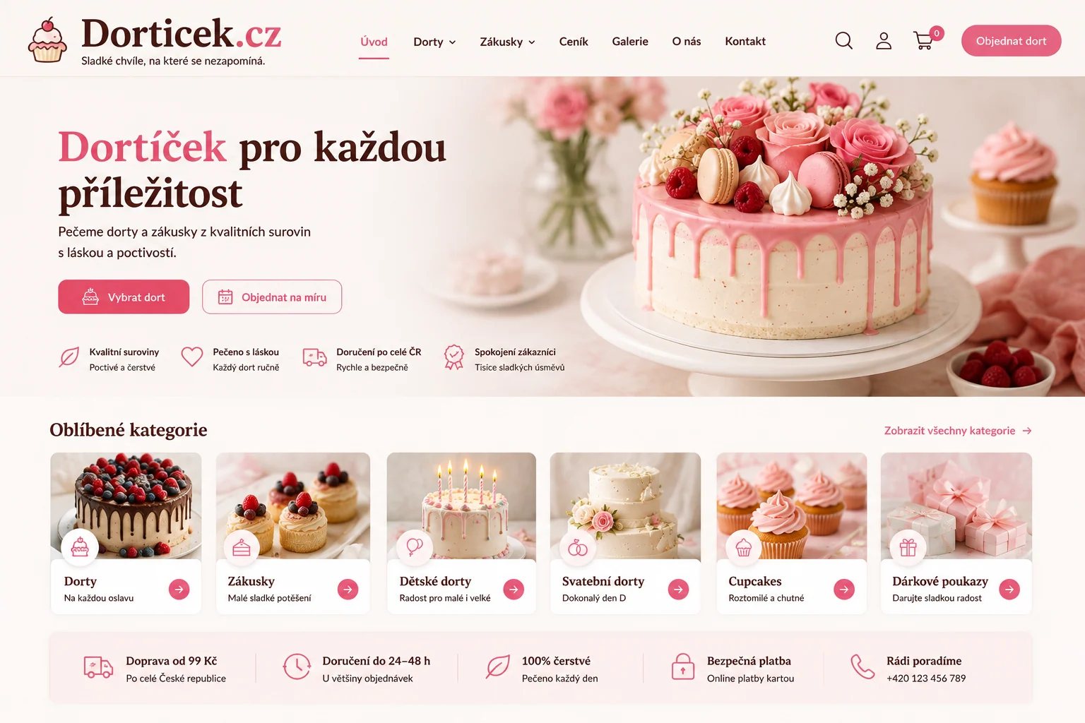 Ilustrační návrh cukrářského webu Dorticek.cz s dorty, zákusky a zakázkovým pečením